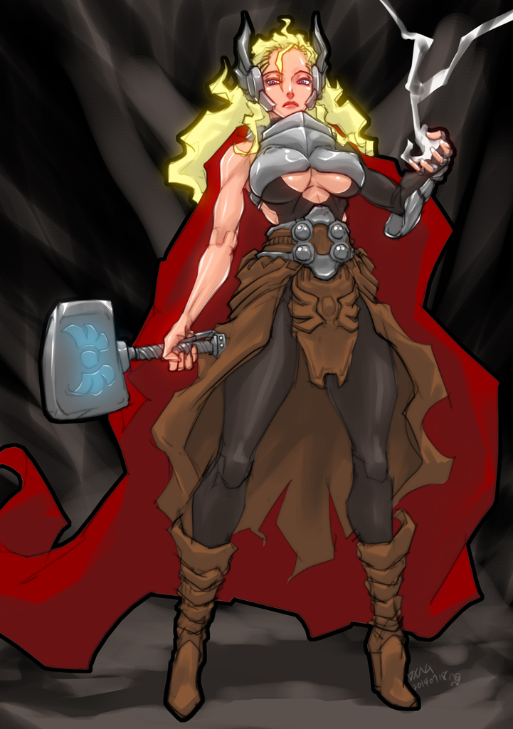 1girl, armor, blonde_hair, blue_eyes, boots, breasts, cape, ear_protection, electricity, full_body, genderswap, hammer, knee_boots, large_breasts, marvel, mjolnir, muscle, pants, romehamu, showgirl_skirt, sleeveless, solo, thor_(marvel), under_boob