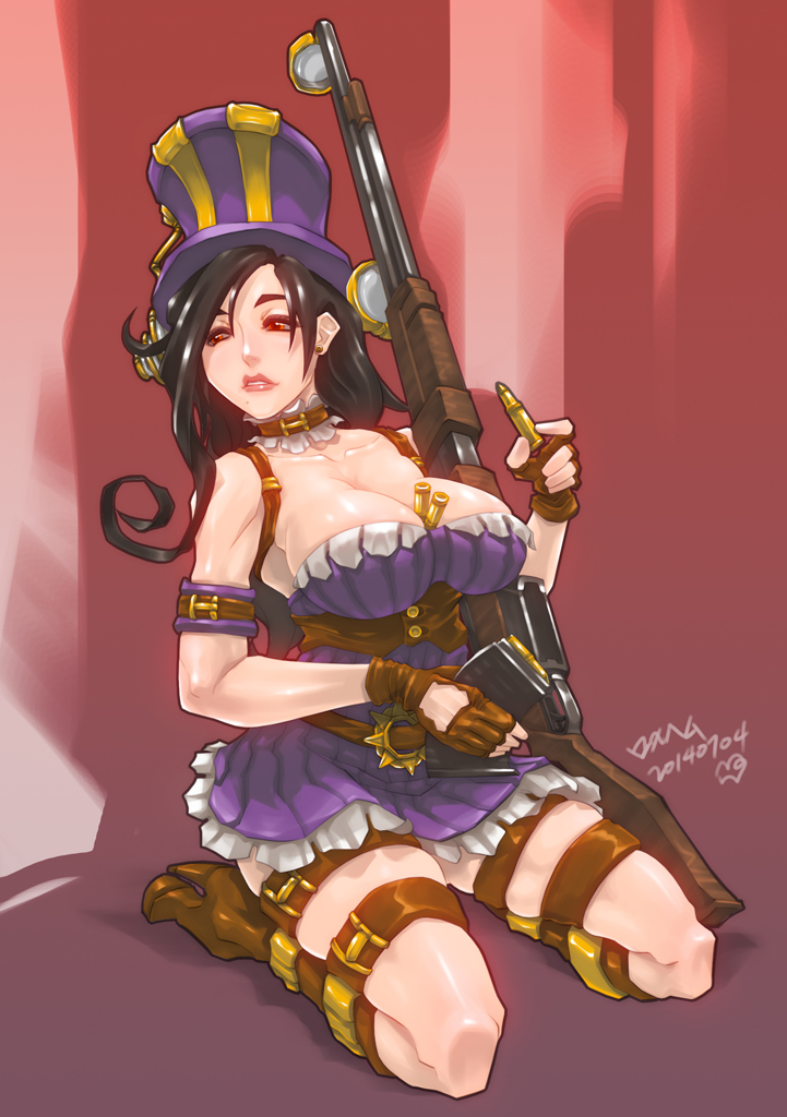 1girl, armor, between_breasts, boots, breasts, bullet, caitlyn_(league_of_legends), cleavage