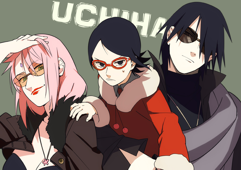 1boy, 2girls, black_hair, family, father_and_daughter, glasses, haruno_sakura, jewelry