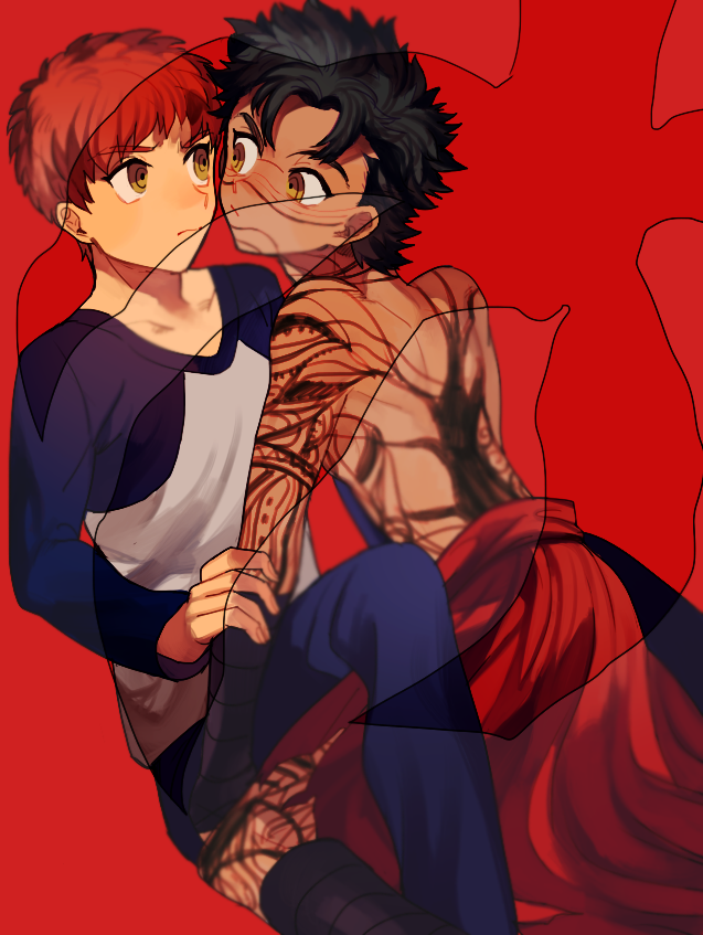 2boys, black_hair, dark_skin, emiya_shirou, fate/hollow_ataraxia, fate/stay_night, fate_(series), full_body_tattoo