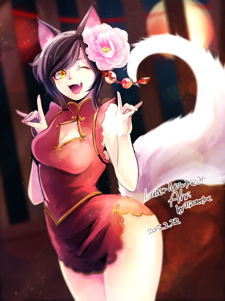 1girl, ahri, alternate_costume, alternate_hairstyle, animal_ears, breasts, china_dress, chinese_clothes, cleavage, dress, fangs, flower, flower_on_head, fox_ears, fox_shadow_puppet, fox_tail, highres, league_of_legends, looking_at_viewer, mizoreame, one_eye_closed, open_mouth, red_dress, short_dress, tail, whisker_markings, yellow_eyes