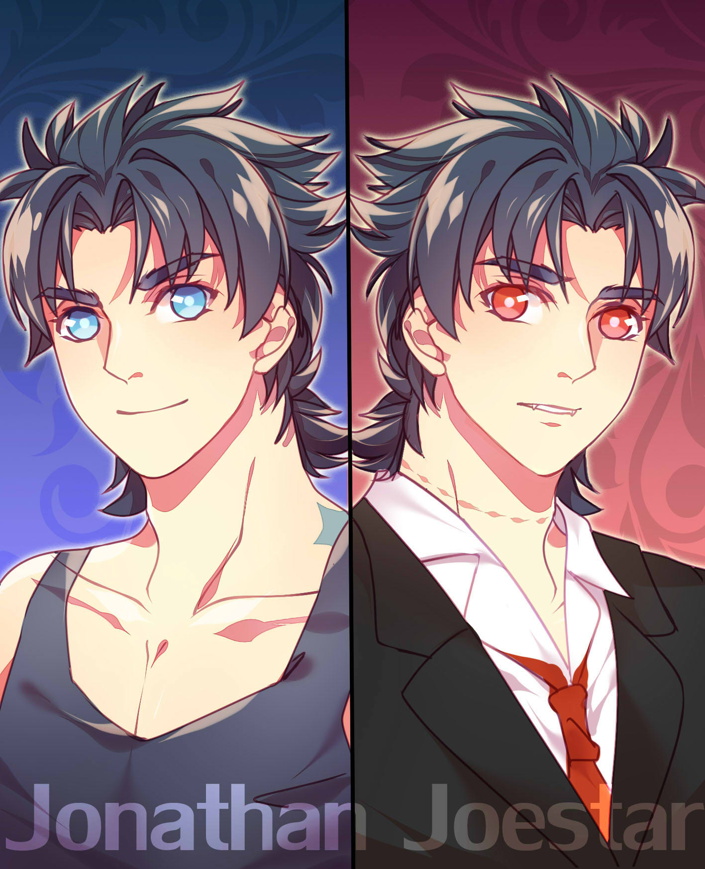 2boys, alternate_eye_color, black_hair, blue_eyes, blue_hair, character_name, dual_persona, highres