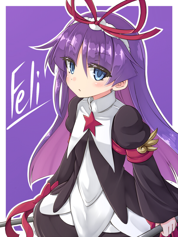 1girl, armband, blue_eyes, blush, character_name, dual_wielding, feli_(puyopuyo), hair_ribbon