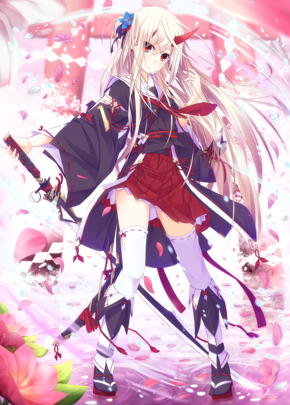 1girl, blonde_hair, chain_chronicle, flower, hair_flower, hair_ornament, highres, horns