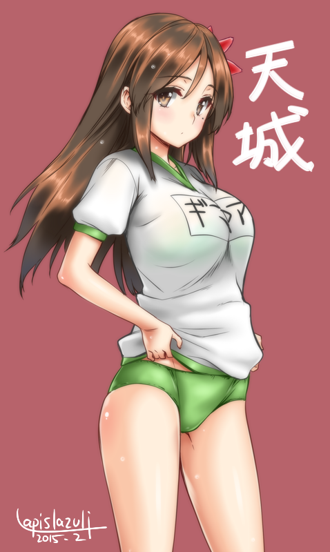 1girl, 2015, adjusting_shirt, amagi_(kantai_collection), breasts, brown_eyes, brown_hair, buruma, character_name, dated, flower, gym_uniform, hair_flower, hair_ornament, kantai_collection, long_hair, short_sleeves, tagme, umyonge_(lkakeu)