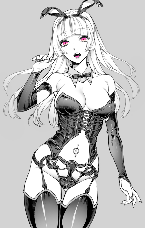 1girl, animal_ears, breasts, bunnysuit, bustier, cleavage, detached_sleeves, garter_belt