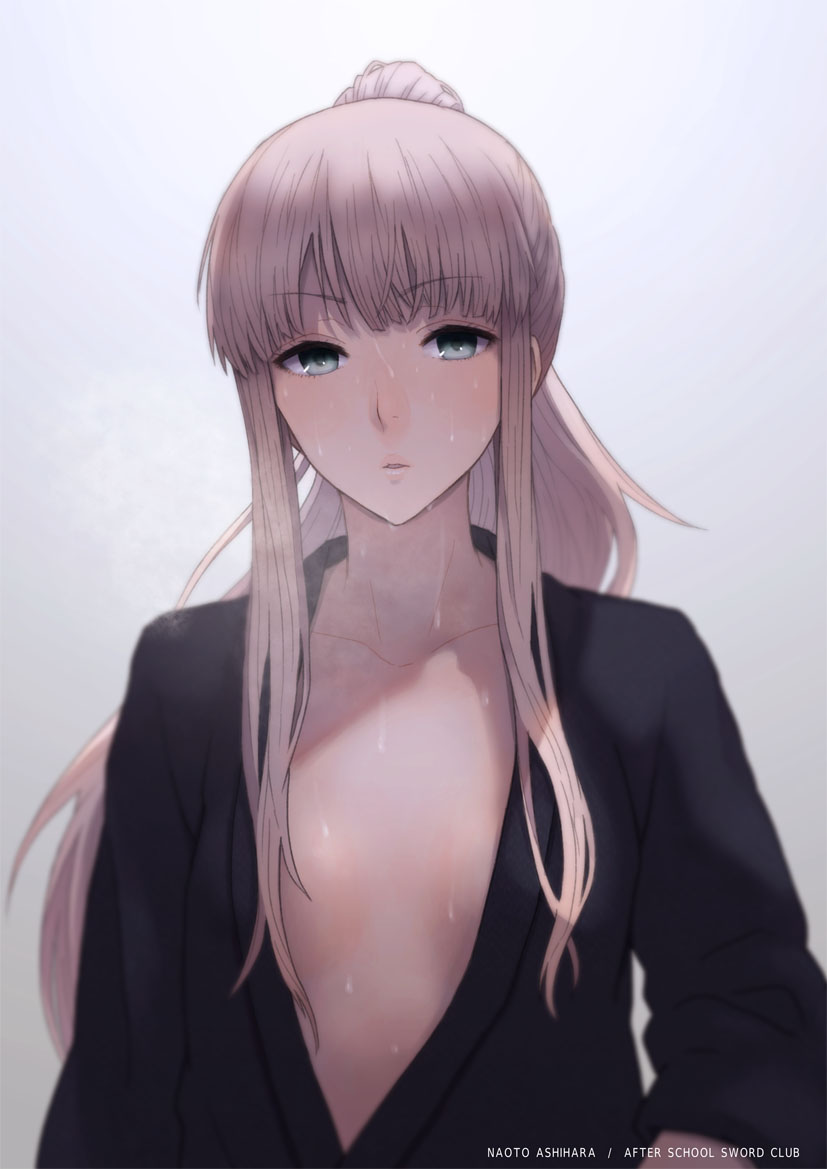1girl, ashihara_naoto, blonde_hair, houkago_sword_club, japanese_clothes, long_hair, ponytail, shun_(nikoru555), sweat