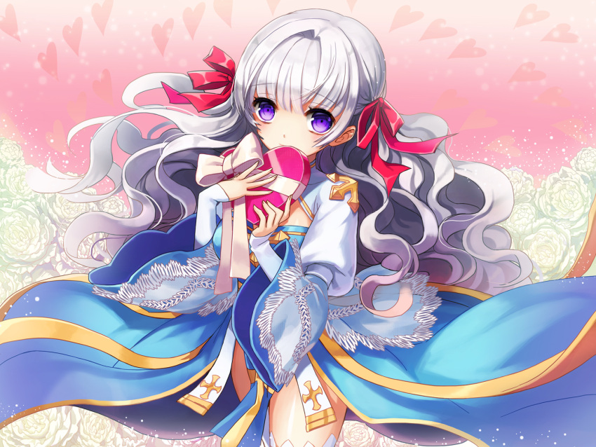 archbishop, chocolate, chocolate_heart, covering_mouth, floral_background, heart, leona_(pixiv), ragnarok_online