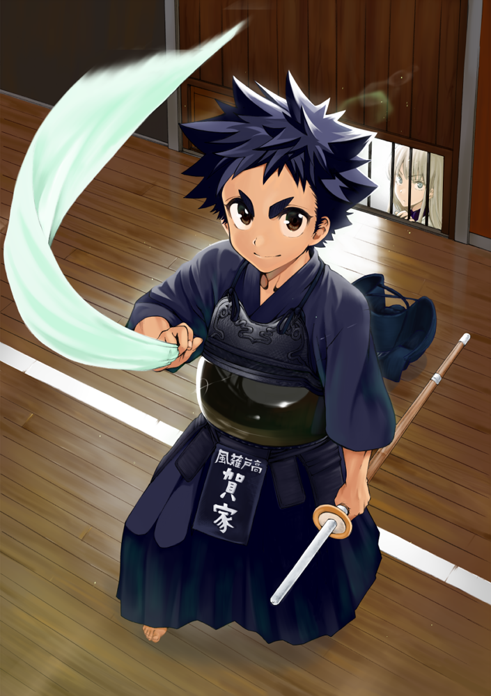 1boy, 1girl, ashihara_naoto, black_hair, blonde_hair, bougu, gaie_kensei, houkago_sword_club