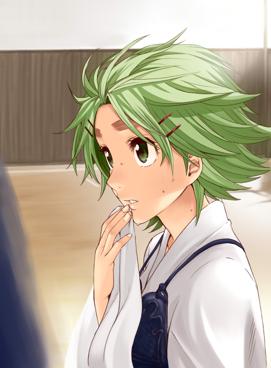 1girl, green_hair, hair_ornament, hairclip, highres, houkago_sword_club, ishigana_(3104benzie), japanese_clothes, nagashii_kouhei, niregi_hikari, official_art, original, short_hair, sweat
