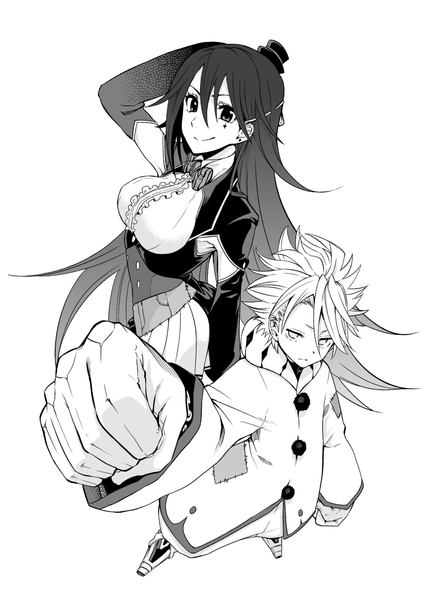 1boy, 1girl, circus_galaxias, facial_mark, highres, ishigana_(3104benzie), long_hair, monochrome