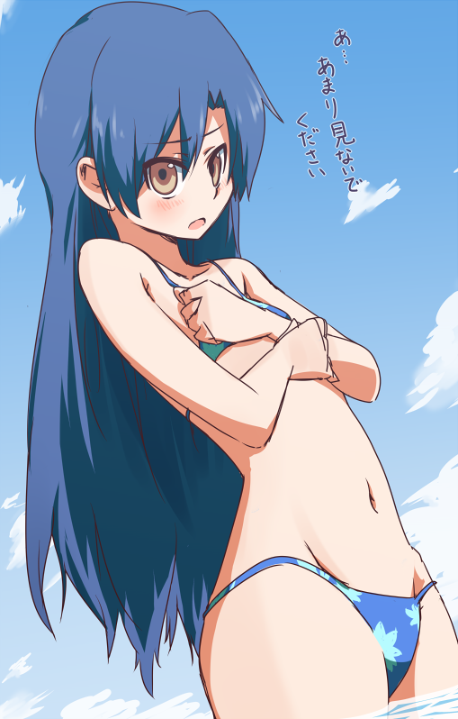 1girl, bikini, blue_hair, brown_eyes, ekusiregaia, feet_in_water, idolmaster, kisaragi_chihaya
