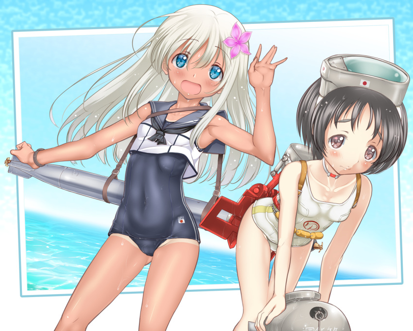 1girl, 2girls, black_hair, blonde_hair, blue_eyes, brown_eyes, crop_top, diving_mask, diving_mask_on_head, flower, hair_flower, hair_ornament, highres, kantai_collection, long_hair, maru-yu_(kantai_collection), multiple_girls, pt@i, ro-500_(kantai_collection), sailor_collar, school_swimsuit, short_hair, swimsuit, swimsuit_under_clothes, tan, tanline, torpedo, white_school_swimsuit, white_swimsuit