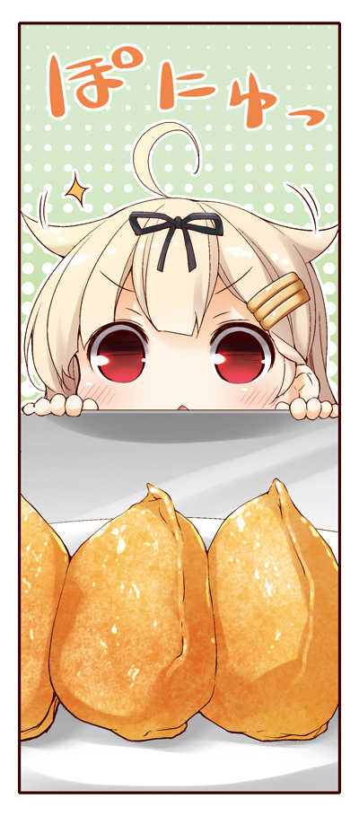 1girl, ahoge, blonde_hair, food, hair_flaps, hair_ornament, hair_ribbon, hairclip, inarizushi, kantai_collection, open_mouth, red_eyes, ribbon, solo, sparkle, staring, yume_no_owari, yuudachi_(kantai_collection)