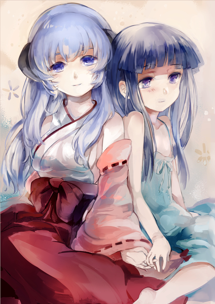 2girls, aqua_dress, bangs, blue_hair, blunt_bangs, detached_sleeves, dress, furude_rika