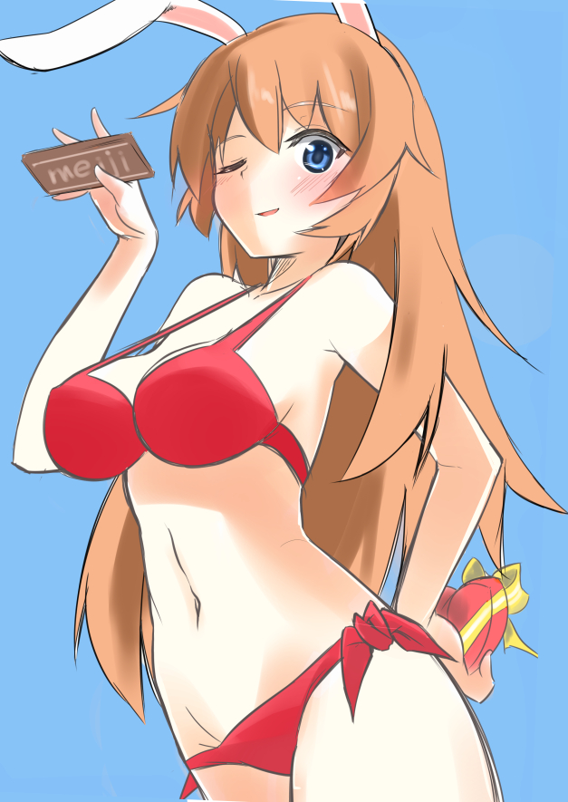 1girl, bikini, blue_background, blue_eyes, blush, breasts, charlotte_e_yeager, chocolate, cleavage, collarbone, heart, long_hair, meiji_(brand), meiji_milk_chocolate, one_eye_closed, open_mouth, orange_hair, red_bikini, simple_background, smile, solo, strike_witches, swimsuit, valentine, yuzuyoukan