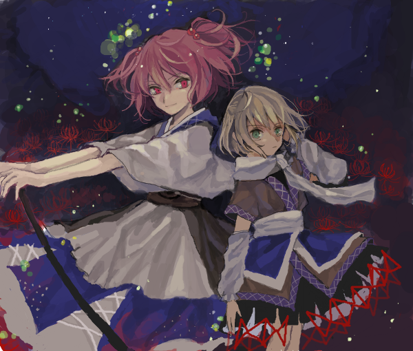 2girls, adjusting_hair, arm_warmers, blonde_hair, dark, drawr, flower, green_eyes, hair_bobbles, hair_ornament, looking_at_another, looking_at_viewer, mizuhashi_parsee, multiple_girls, nomiko_524, onozuka_komachi, outdoors, red_eyes, redhead, scarf, short_hair, spider_lily, touhou, twintails
