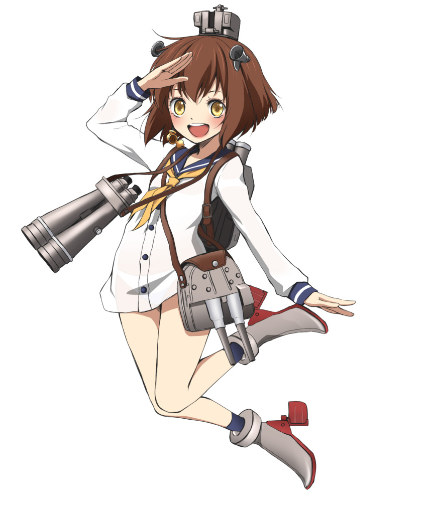 1girl, binoculars, brown_eyes, brown_hair, hair_ornament, highres, kantai_collection, salute