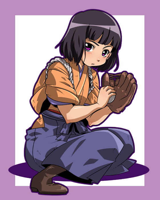bangs, baseball, baseball_mitt, black_hair, blunt_bangs, bob_cut, boots, hakama