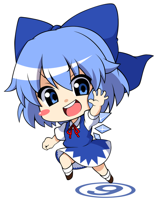 (9), 1girl, blue_eyes, blue_hair, blush_stickers, bow, chibi, cirno, hair_bow, ice, ice_wings, moyashi_(artist), open_mouth, solo, touhou, wings