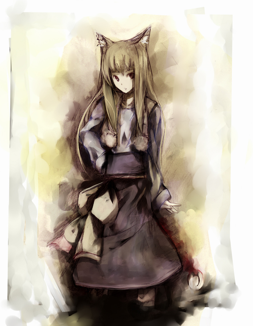 brown_hair, dress, hand_on_hip, highres, holo, long_hair, red_eyes, solo