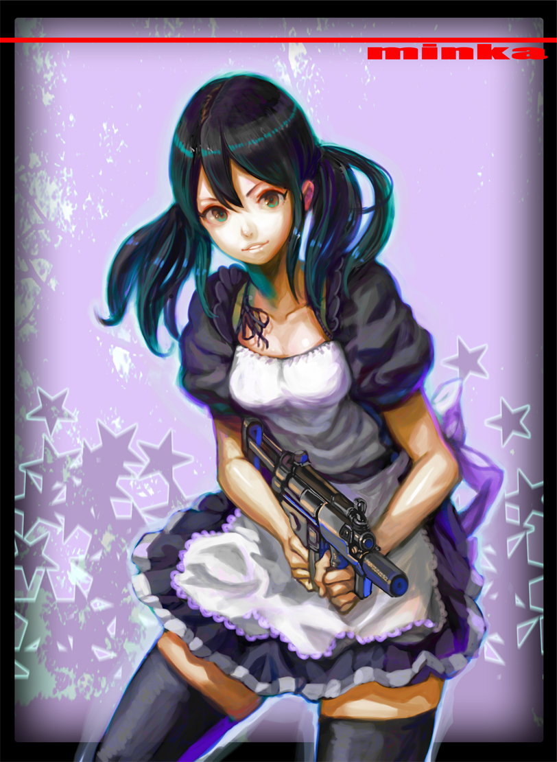 black_hair, gun, maid, minka_lee_(nico_nico_douga), nico_nico_douga, saitom, thigh-highs, thighhighs