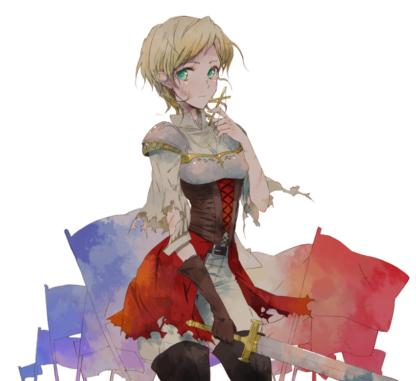 belt, blonde_hair, boots, cross, cuts, dress, elbow_gloves, flag, gloves, green_eyes, hinabu, injury, jeanne_d'arc_(hetalia), joan_of_arc, solo, thigh-highs, thigh_boots, thighhighs, torn_clothes