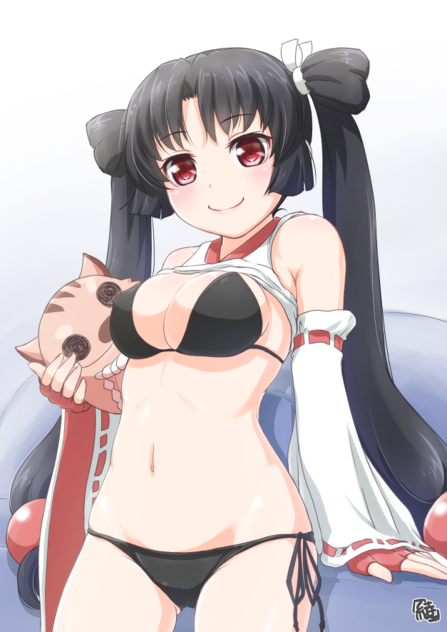 1girl, ayama_yuiya, bikini, black_hair, cat, cusco_(company), detached_sleeves, fingerless_gloves