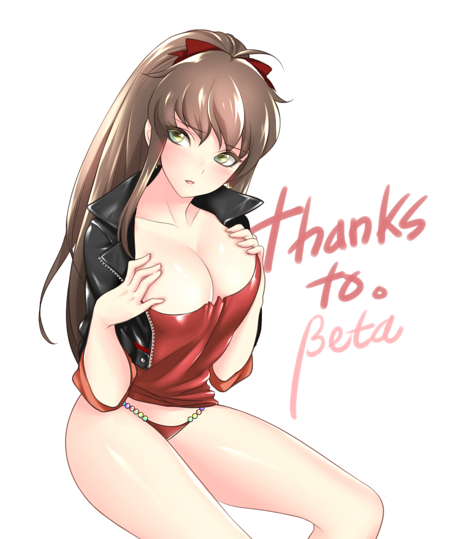 1girl, blush, breast_suppress, breasts, brown_hair, cleavage, cropped_jacket, green_eyes