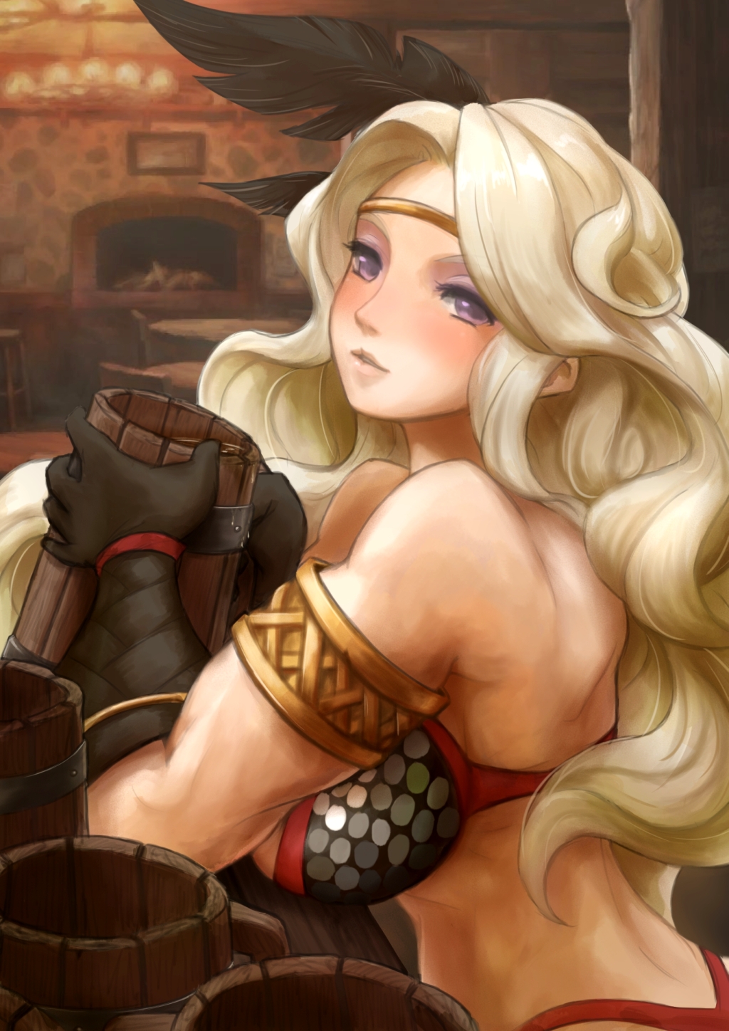 1girl, amazon_(dragon's_crown), armlet, breasts, circlet, curly_hair, dragon's_crown, feathers