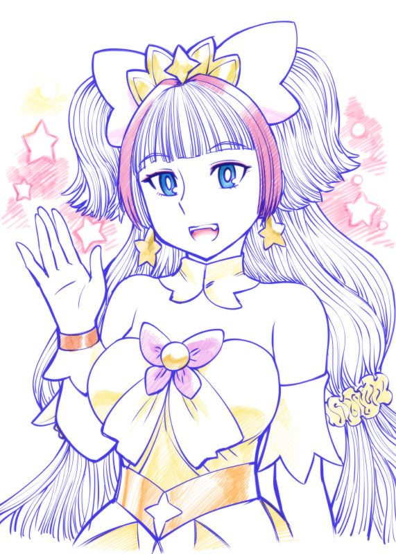 1girl, bare_shoulders, blue_eyes, breasts, cosplay, cure_twinkle, cure_twinkle_(cosplay), detached_collar