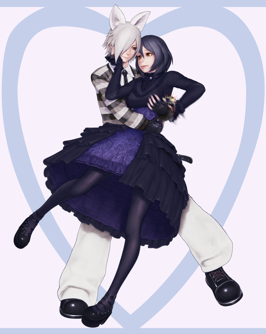 1boy, 1girl, black_hair, dress, fingerless_gloves, frilled_dress, frills, g_otto