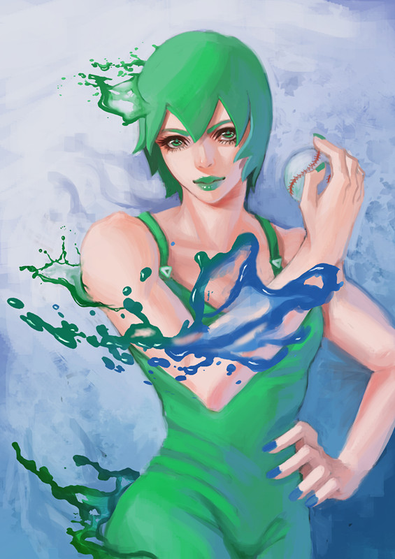 1girl, baseball, foo_fighters, green_hair, haruka4413, jojo_no_kimyou_na_bouken, overalls, short_hair