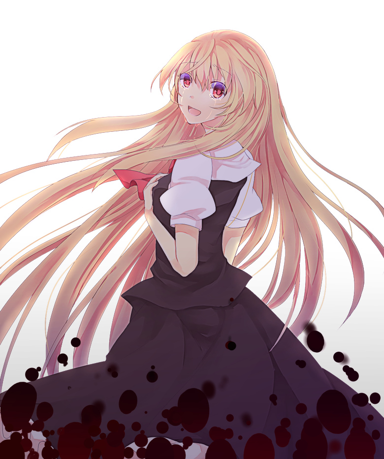 1girl, ascot, blonde_hair, darkness, hands_on_own_chest, long_hair, looking_back, older