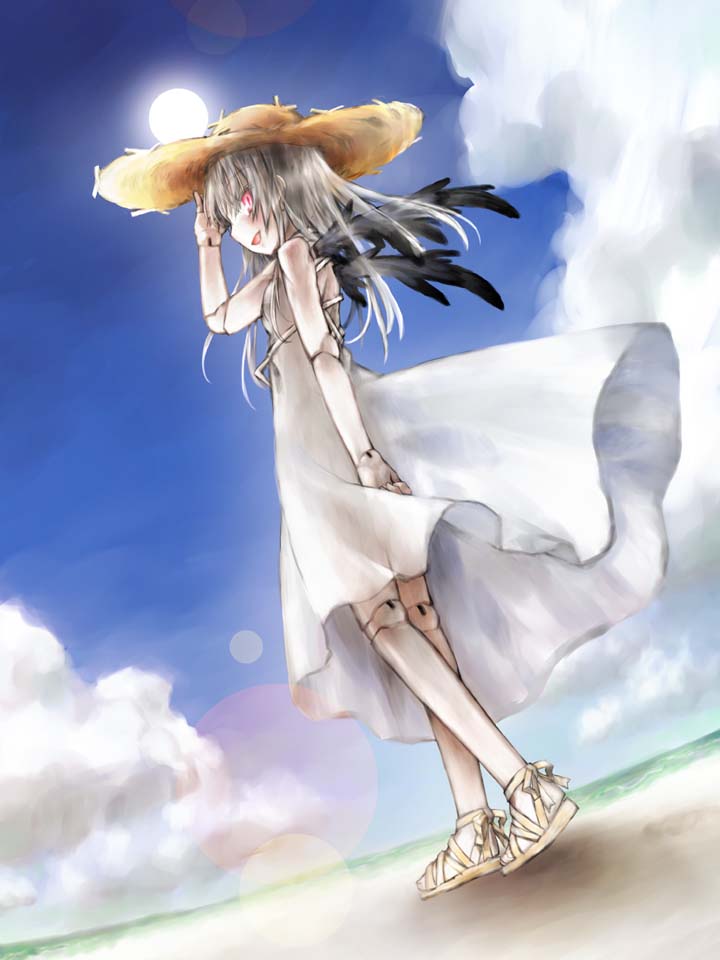 cloud, clouds, doll_joints, dress, hat, kakashichi, long_hair, pink_eyes