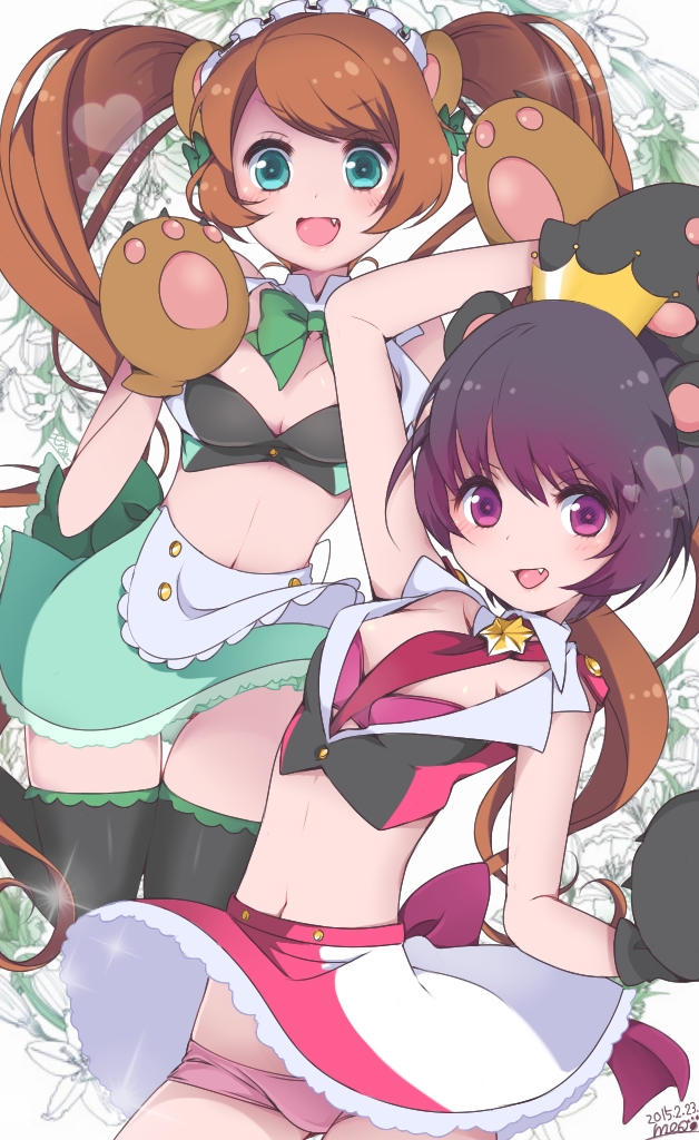 2girls, animal_ears, artist_name, bear_ears, bear_paws, black_hair, blush, bow