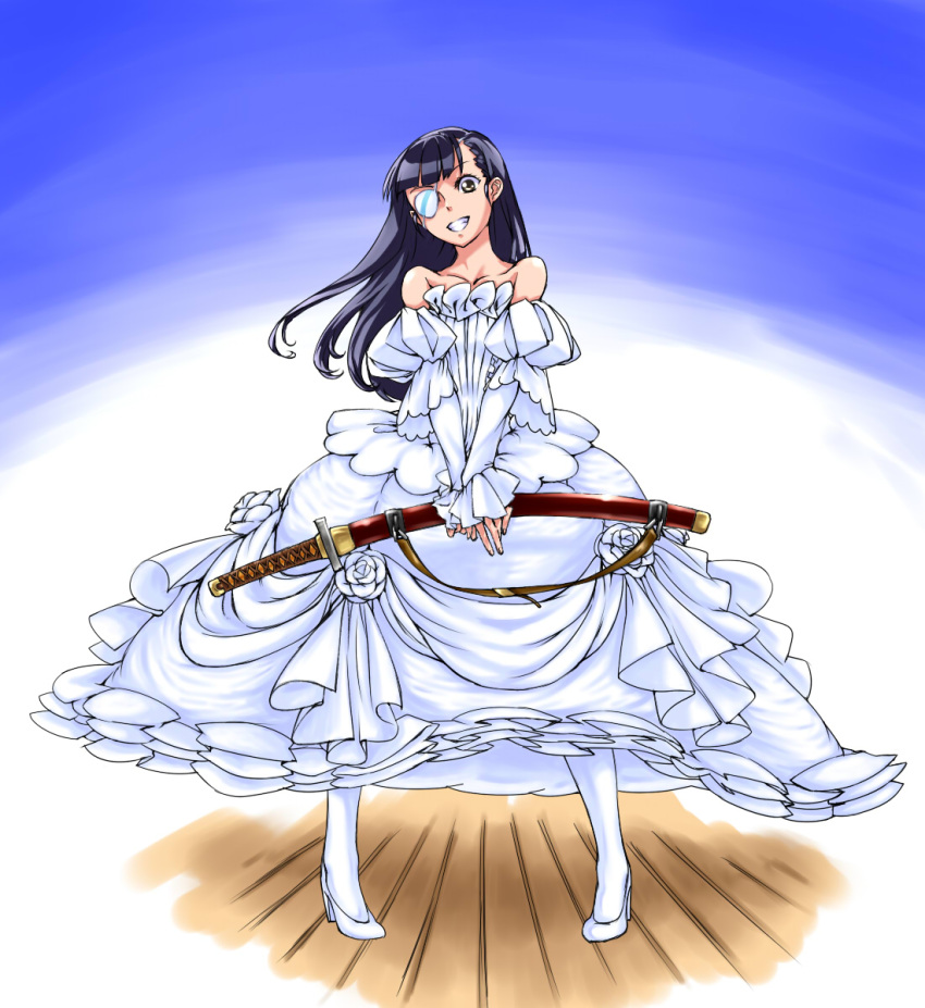 bare_shoulders, black_hair, bride, dress, elbow_gloves, eyepatch, frills, fuyu_no_kiatsuhaichi, gloves, highres, long_hair, pantyhose, sakamoto_mio, smile, solo, strike_witches, sword, weapon, wedding_dress