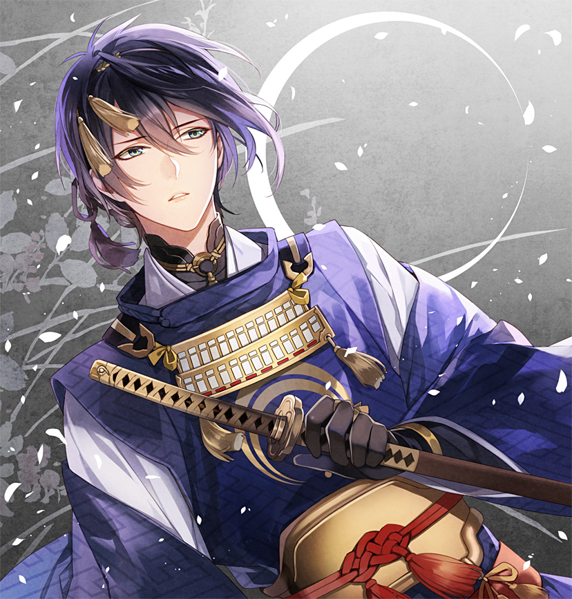 1boy, blue_hair, crescent_moon, hair_ornament, japanese_clothes, katana, mikazuki_munechika, moon
