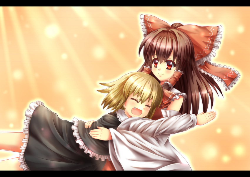 2girls, black_skirt, blonde_hair, blouse, bow, brown_hair, closed_eyes, detached_sleeves, divinebuster12, fang, hair_bow, hair_ribbon, hair_tubes, hakurei_reimu, hug, long_hair, multiple_girls, open_mouth, outstretched_arms, red_bow, red_eyes, red_ribbon, ribbon, rumia, short_hair, skirt, smile, touhou, vest, white_blouse