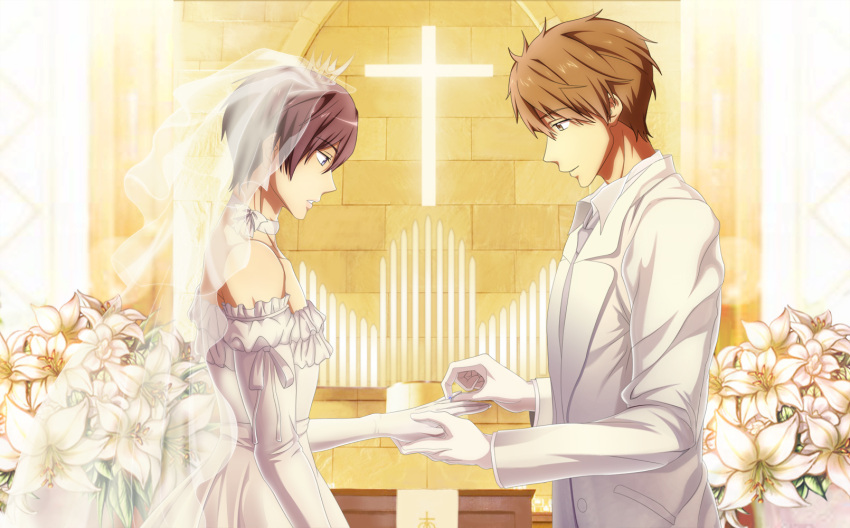 2boys, black_hair, blue_eyes, brown_hair, crossdressinging, dress, flower, free!