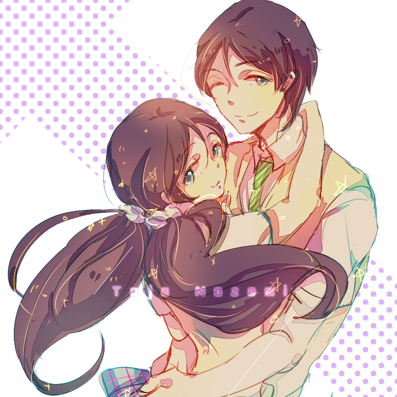 closed_eyes, gender_swap, green_eyes, long_hair, love_live!_school_idol_project, low_twintails, multiple_persona, seifuku, toujou_nozomi, twintails, violet_hair, wink