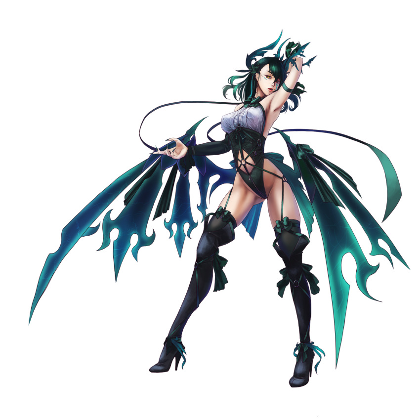 1girl, breasts, demon_girl, facial_mark, felice_qaddaf, green_hair, highres, looking_at_viewer