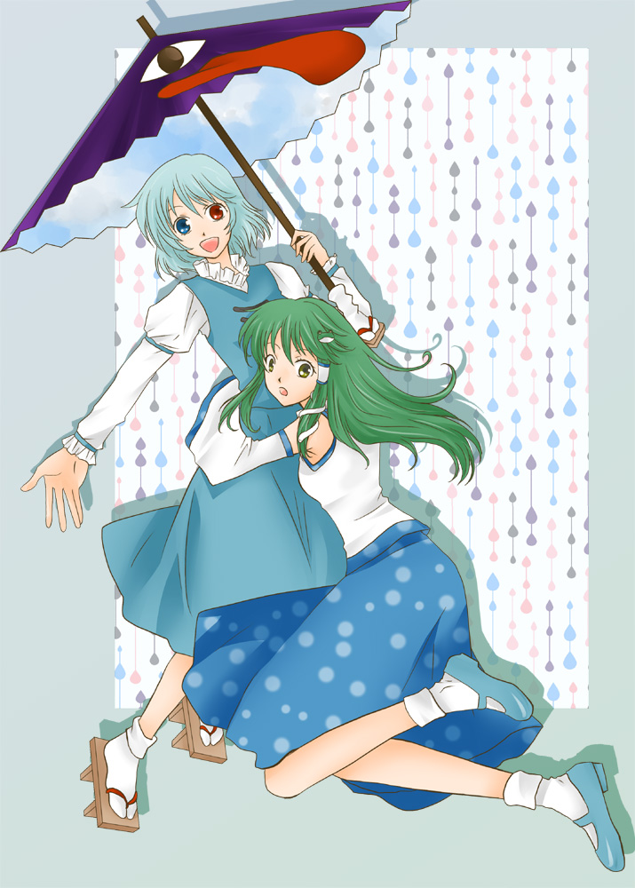 clog_sandals, green_hair, hashiko, hashiko_(bilrost), heterochromia, hug, karakasa_obake, kochiya_sanae