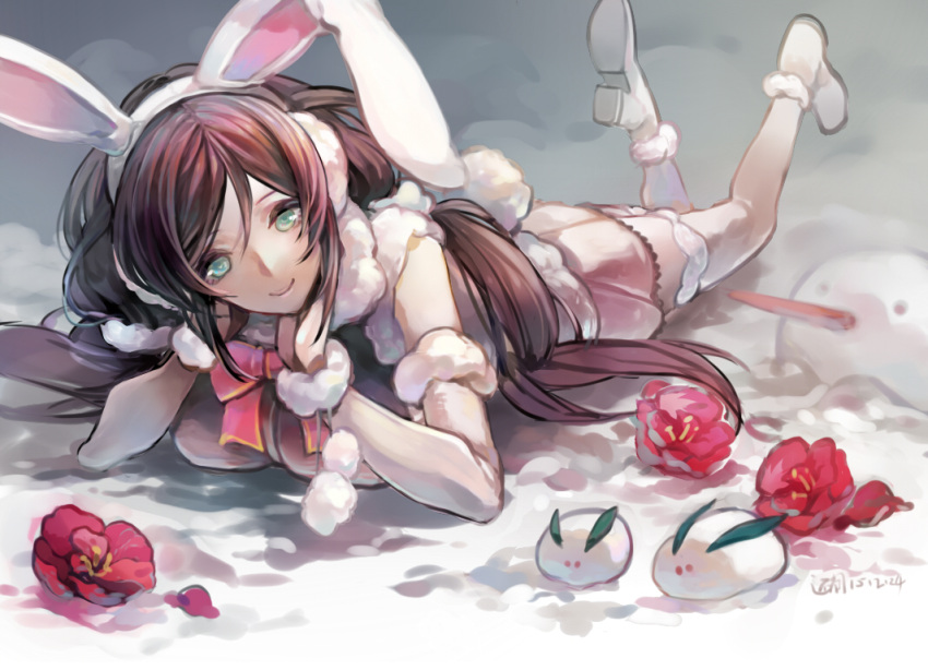 1girl, alternate_costume, animal_ears, bunnysuit, earmuffs, fake_animal_ears, kae_hokora, looking_at_viewer, love_live!_school_idol_project, lying, on_stomach, rabbit_ears, snow_bunny, toujou_nozomi