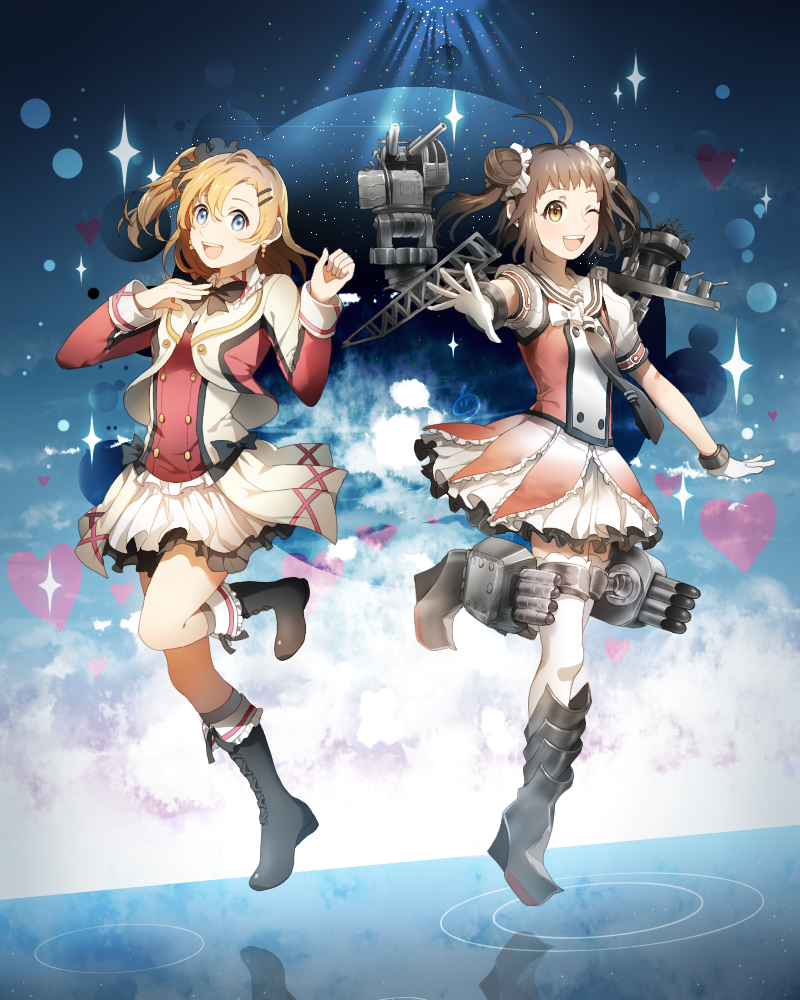 2girls, blue_eyes, boots, crossover, double_bun, gloves, heart, kantai_collection, kousaka_honoka, love_live!_school_idol_project, mio_(jian_wei), multiple_girls, naka_(kantai_collection), one_eye_closed, open_mouth, side_ponytail, skirt