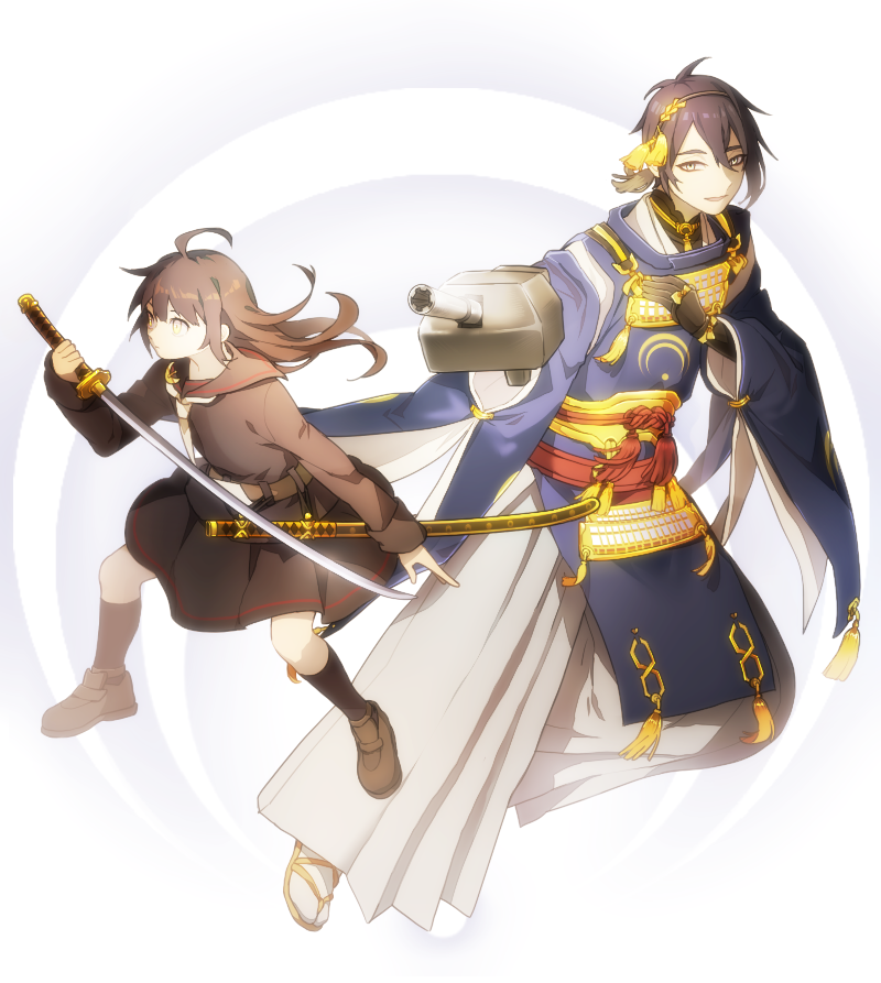 1boy, 1girl, accessories_switch, ahoge, black_gloves, black_serafuku, crossover, gloves, hakama, japanese_clothes, kantai_collection, katana, long_hair, mikazuki_(kantai_collection), mikazuki_munechika, mio_(jian_wei), namesake, open_mouth, reverse_grip, sandals, school_uniform, serafuku, sheath, shoes, short_hair, skirt, socks, sword, tabi, touken_ranbu, weapon