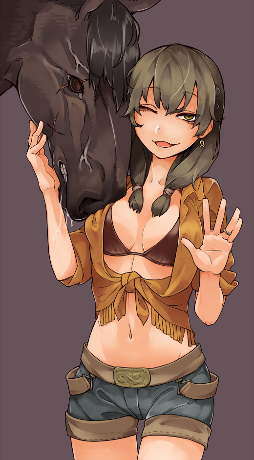 1girl, bra, breasts, brown_eyes, brown_hair, denim, denim_shorts, earrings, fang, fringe, horse, jewelry, midriff, navel, ninjunker, original, ring, shorts, smile, solo, standing, underwear, western