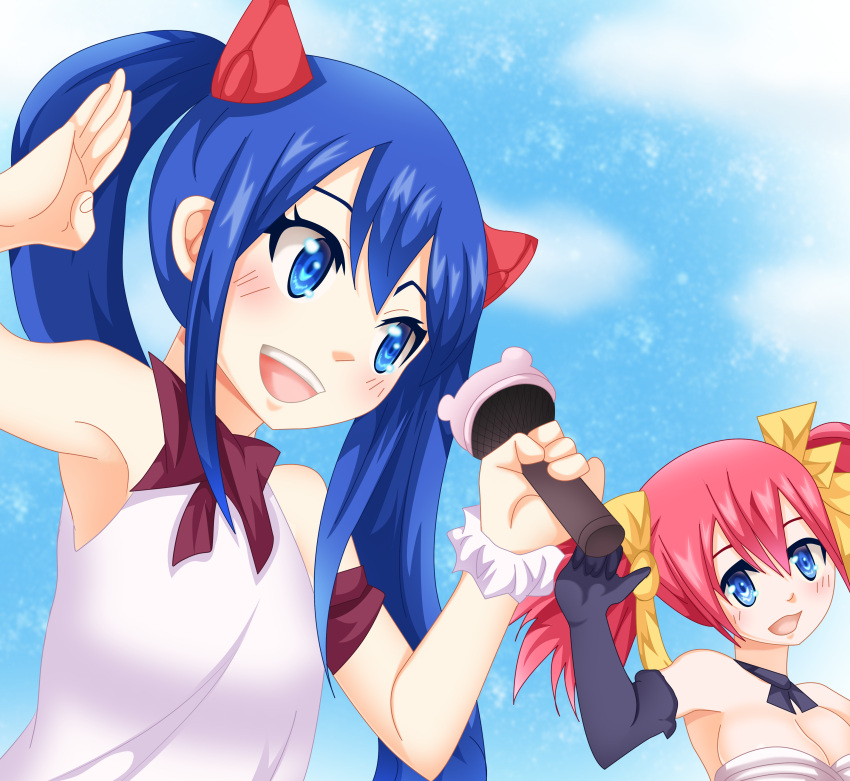 2girls, black_gloves, blue_eyes, blue_hair, blush, breasts, chelia_blendy, cleavage
