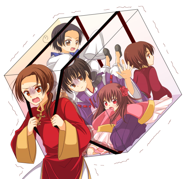 ahoge, allied_forces_(hetalia), asian_countries_(hetalia), axis_power_countries_(hetalia), black_hair, box, brown_hair, carrying, china_(hetalia), female, flats, flower, hair_flower, hair_ornament, hetalia_axis_powers, hong_kong_(hetalia), in_a_box, japan_(hetalia), long_hair, male, ponytail, potential_duplicate, quintet, school_uniform, shoes, short_hair, simple_background, south_korea_(hetalia), taiwan_(hetalia), trembling, uniform, white_background, yumetsuki_uruu