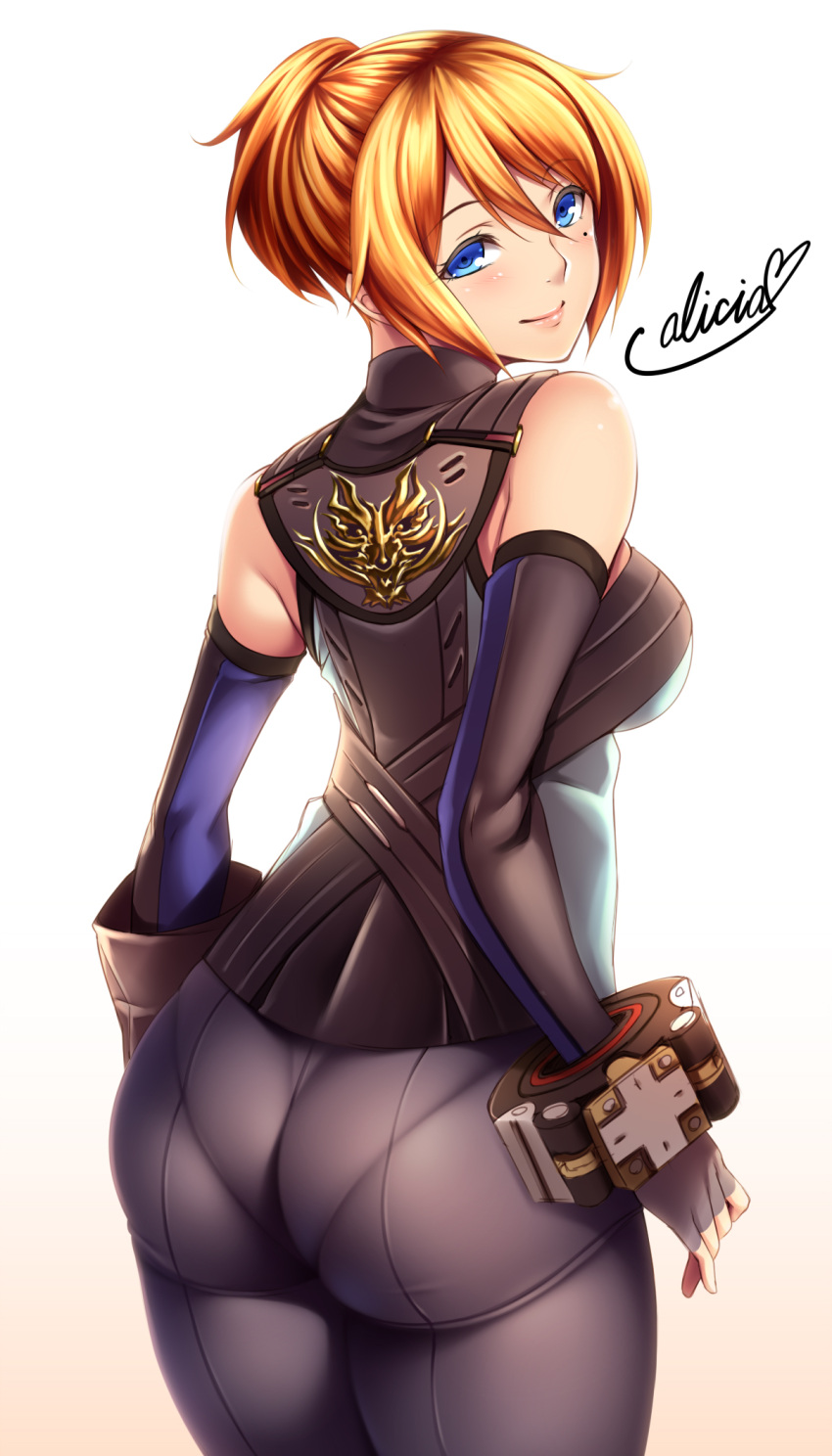 1girl, ass, bare_shoulders, blonde_hair, blue_eyes, breasts, god_eater, highres, izayoi_kaname, pantylines, short_hair, simple_background, skin_tight, solo, white_background